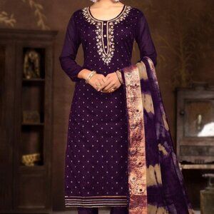 Dark Purple Weaved Chanderi Silk Straight Cut Trouser Suit